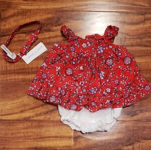 Janie and Jack NWT/EUC 12-18 month Red/Blue Floral Print Set & Matching Headband